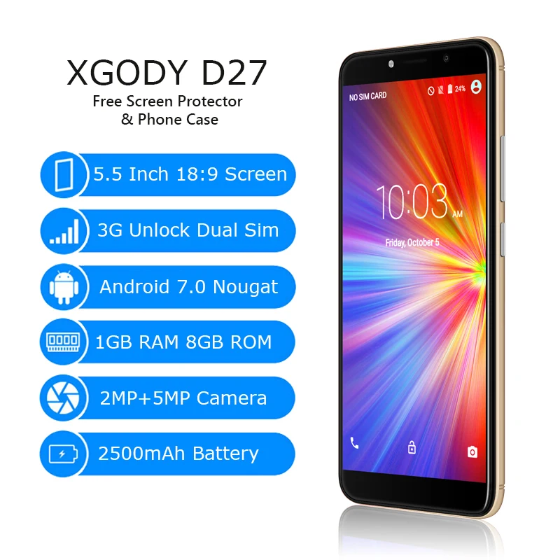 XGODY 3G Dual Sim Smartphone 5.5 Inch 18:9 Android 7.0 Full Screen Mobile Phone Quad Core 1G+8G 5MP Camera 2500mAh Cellphone D27 | Мобильные