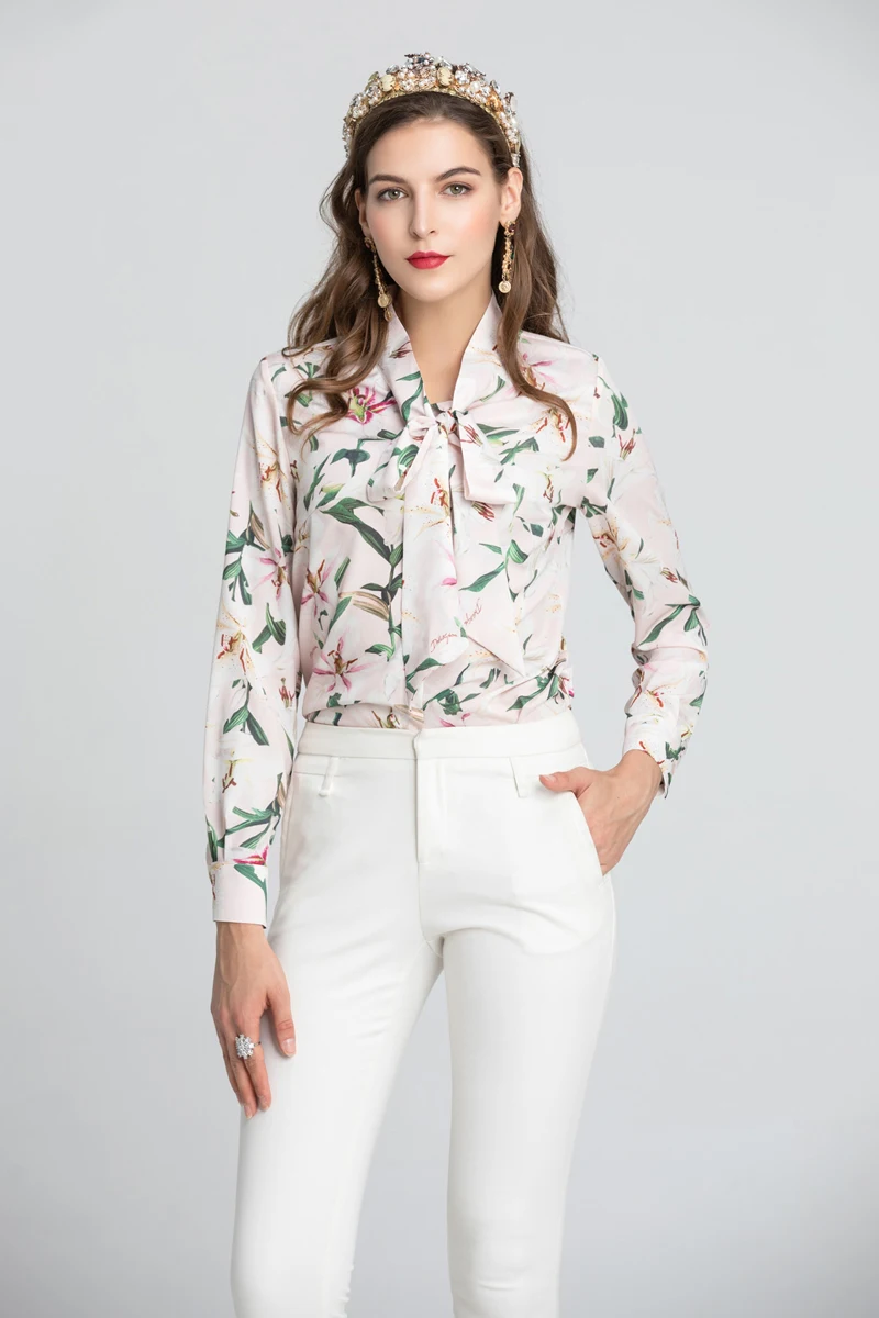 Lady Milan Women's Runway Designer Shirts Bow Collar Long Sleeves Floral Printed Fashion Casual | Женская одежда