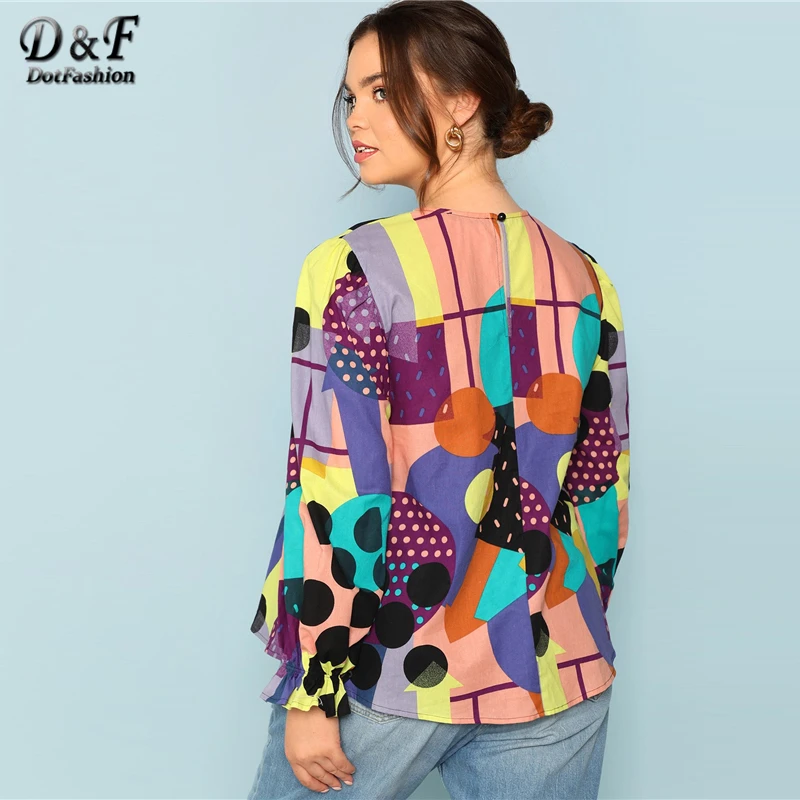 Dotfashion размера плюс, туника с смешанным принтом, топы для женщин, Повседневная летняя одежда с круглым вырезом и длинным рукавом, цветная Геометрическая опрятная блузка