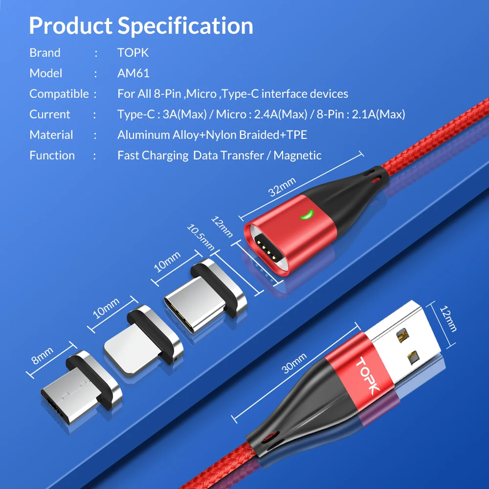 Кабель для зарядки магнитный TOPK AM61 USB Type A/ C/ Micro USB/ Lightning черный/ красный/