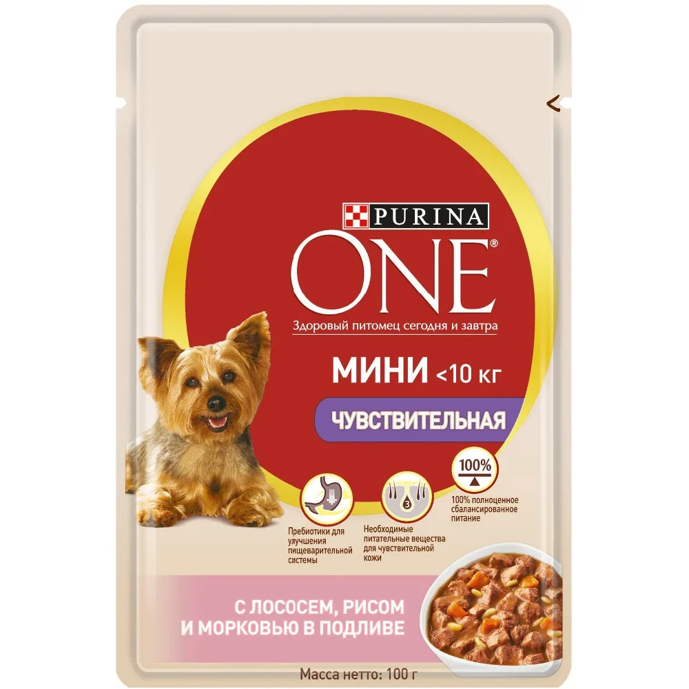 Влажный корм для собак мелких пород Purina One Mini Чуствительная с лососем рисом и