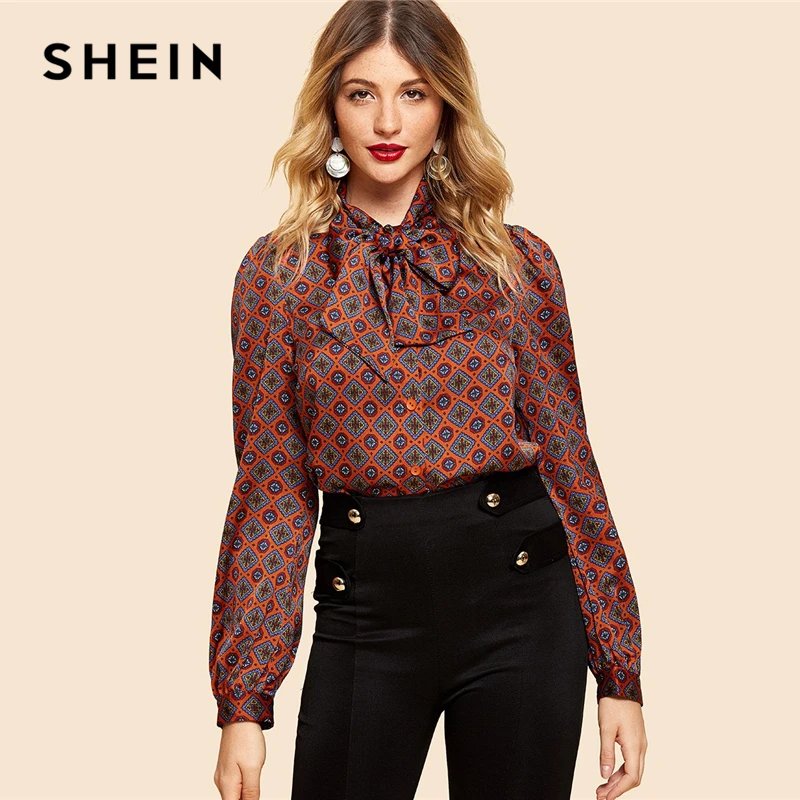 SHEIN Нарядная Блузка С Винтажным Принтом И Бантом Офисная Длинным Рукавом| |