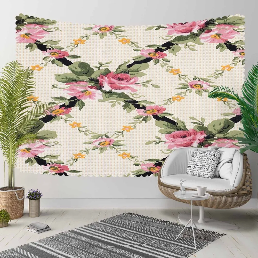 

Else Cream Floral on Pink Flowers Green ivy Leaves 3D Print Decorative Hippi Bohemian Wall Hanging Landscape Tapestry Wall Art