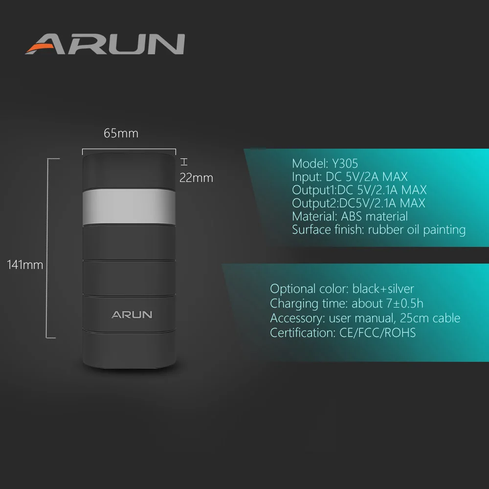 ARUN 12500mah Power Bank External Battery PoverBank 2 USB Powerbank Portable Mobile phone Charger for Xiaomi MI iphone XS huawei | Мобильные