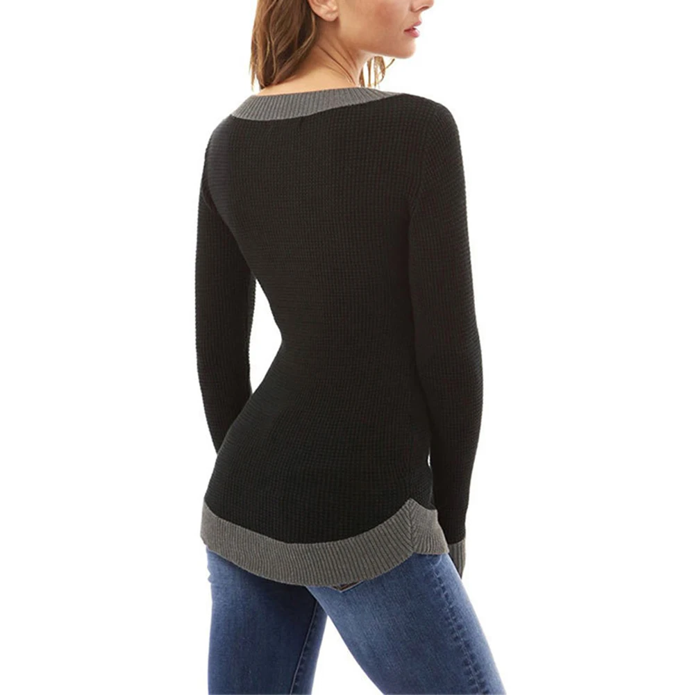 Winter V-Neck Color Block Sweater Women Fashion Slim Fit Warm Jumper Knitwear | Женская одежда