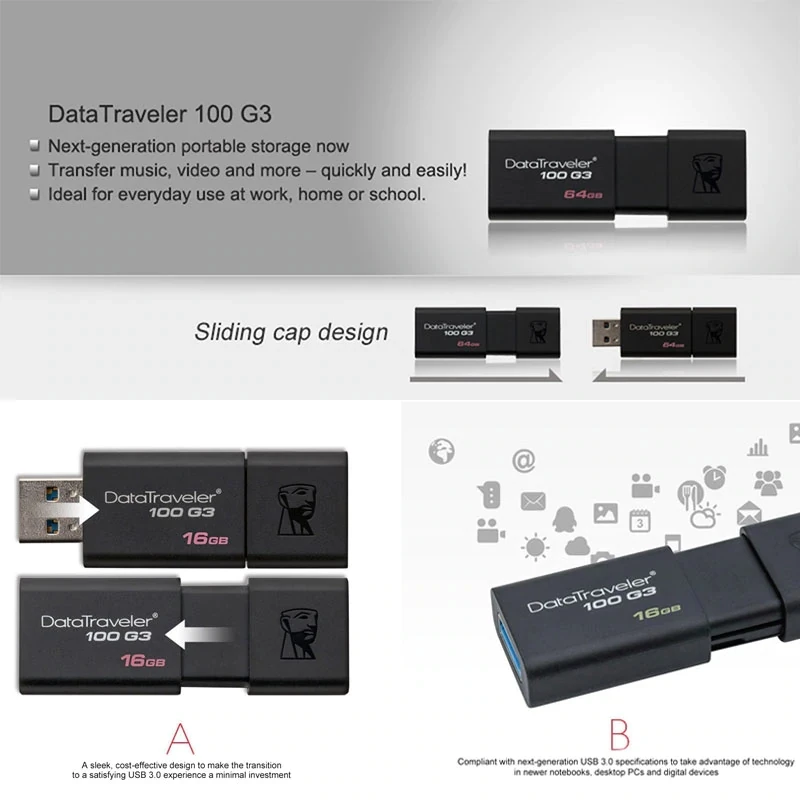 Kingston USB 3 0 флеш накопитель 16 ГБ 32 64 128 Mental Pendrive Stick Ring Memoria DT100G3|USB флэш-накопители| |