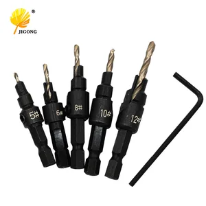 Набор сверл с зенкером из быстрорежущей стали, Быстросменные конические насадки с шестигранным хвостовиком, для деревообработки, 5 шт.