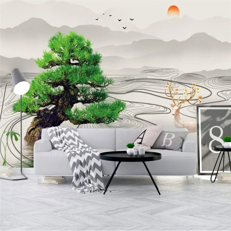 Modern minimalist new Chinese abstract artistic concept ink landscape ancient tree wall professional production wallpaper mural |