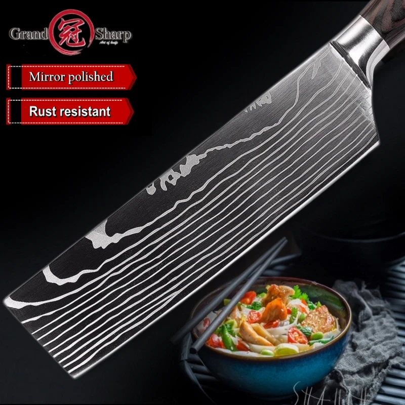 Ножи накири дамасский лазерный узор японские кухонные ножи Мясницкий овощной