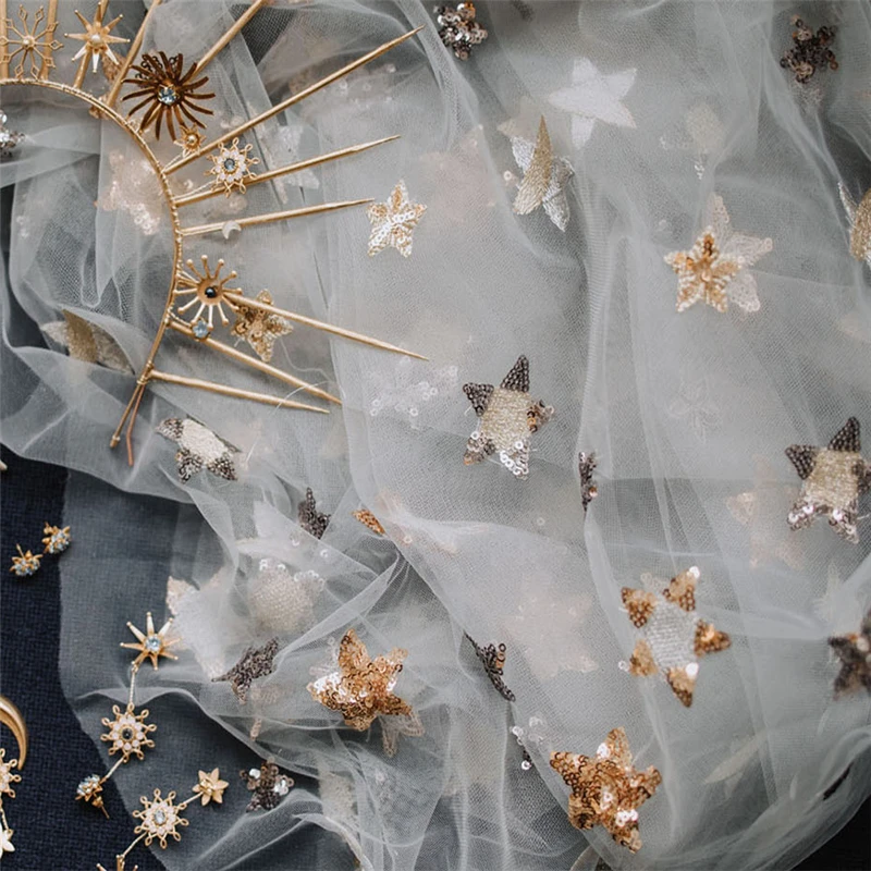 Tela de tul con bordado de estrellas y lentejuelas para vestido de novia, tela de tul con encaje bordado en color marfil, gris y azul marino, 91cm x 150cm