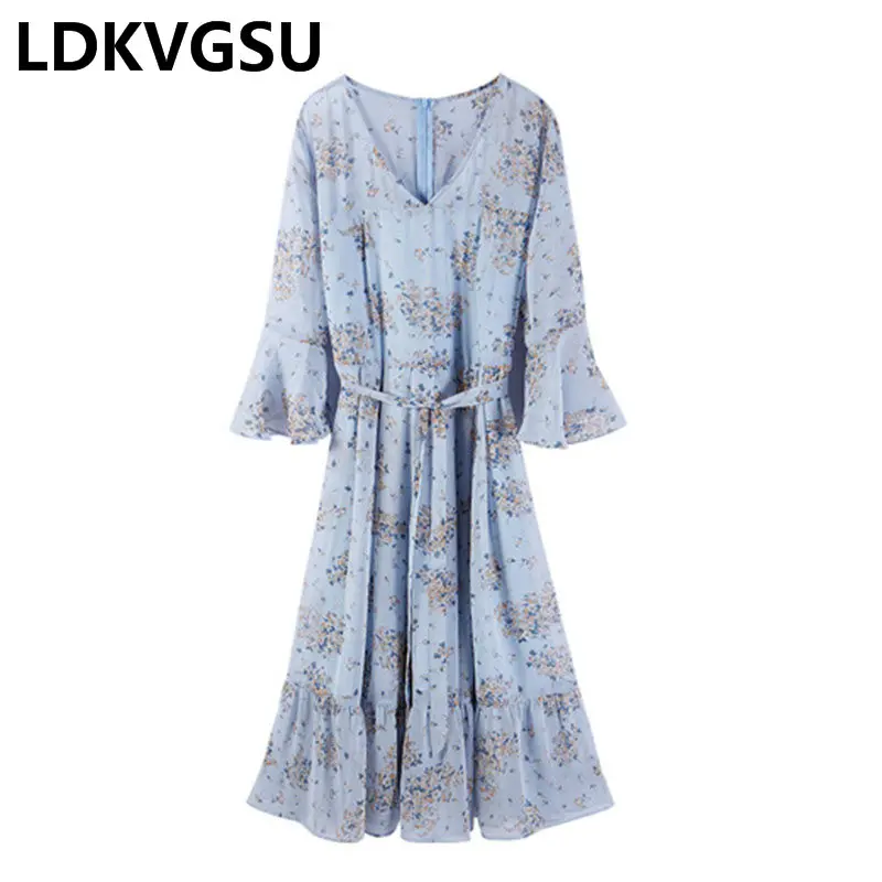 

2018 New Summer Dress Fashion Womens Dresses Loose V-neck Print Flare Sleeve Chiffon Dress Female Plus Size 4XL Is348