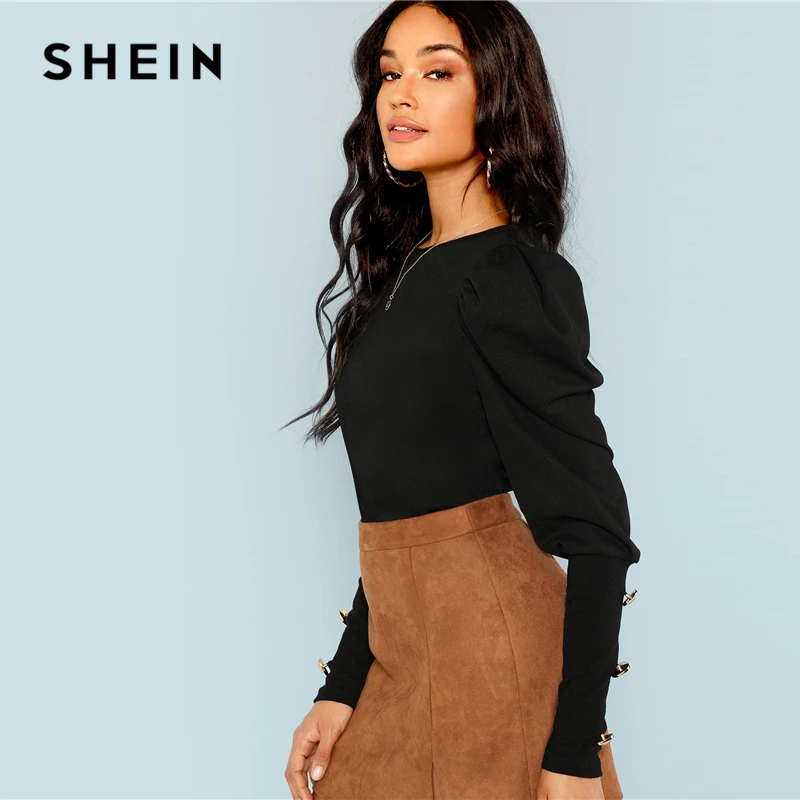 SHEIN Стильная Однотонная Блуза С Пуговицами, Офисная Блузка С Оригинальным Рукавом