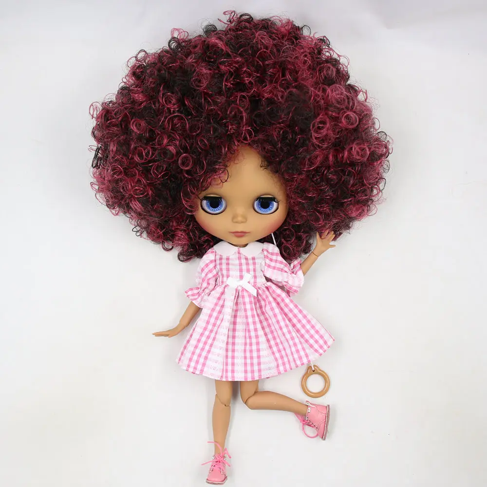 Кукла Blyth ICY DBS № QE155/9103 винно красная микс черные афро волосы Черное Матовое лицо