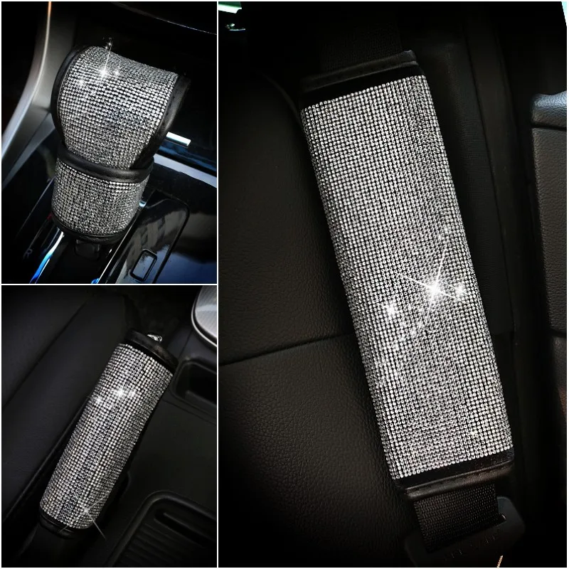 Bling Bling Rhinestones Crystal Car Seat Belt Cover Shoulder Pads Car Shifter Gear Hand Brake Covers Auto Interior Accessories