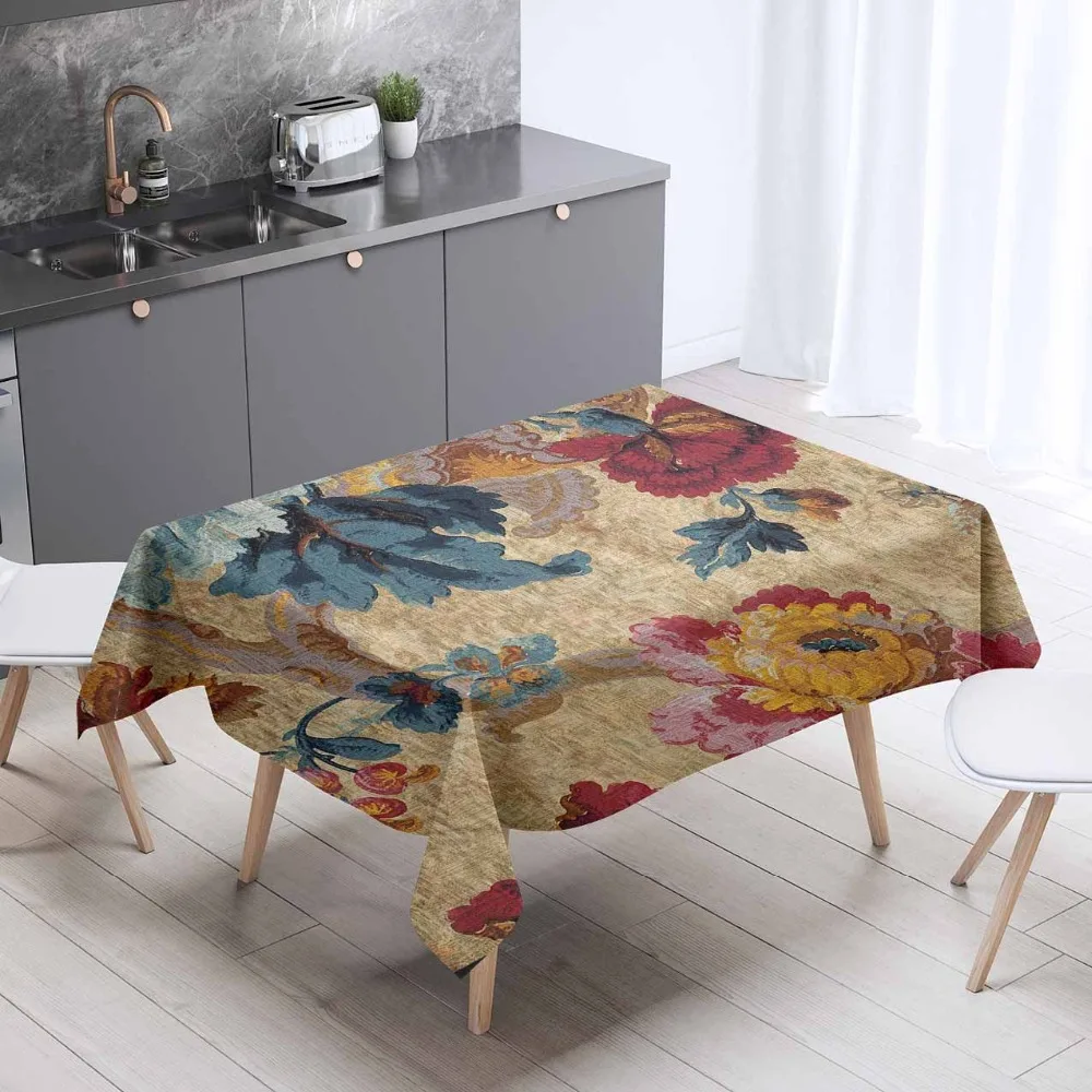 

Else Brown Blue Red Vintage Yellow Flowers 3d Print Washable Thicken Cotton Cloth Rectangular Square Kitchen Tablecloth