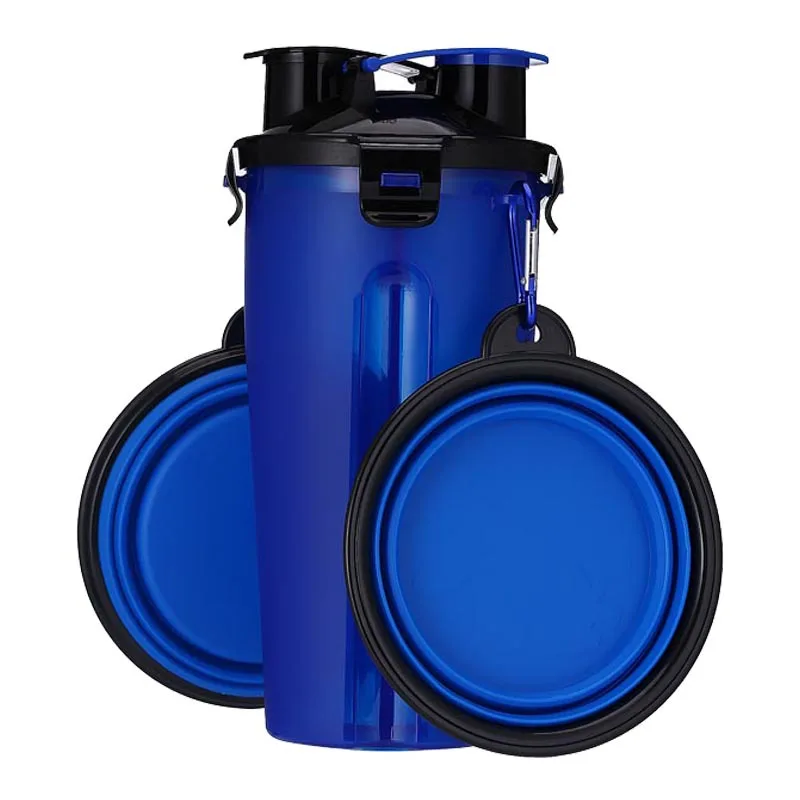 Blue2 Портативный бутылка для воды для собак и Еда контейнер 2-в-1 с складная миска для собак для кошек домашних животных щенков путешествия воды раздаточная чашка PW016 - Цвет: Blue2