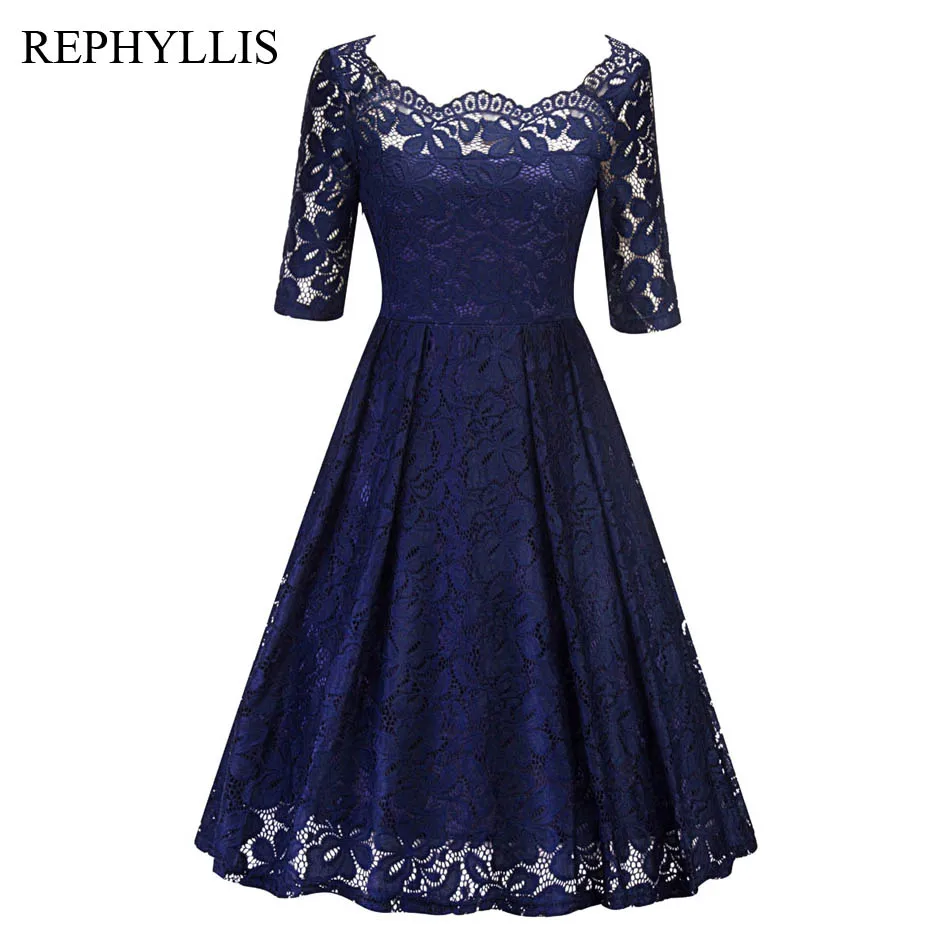 REPHYLLIS Для женщин цветочные кружева 1/2 рукав сексуальная Slash шеи спинки Vestidos