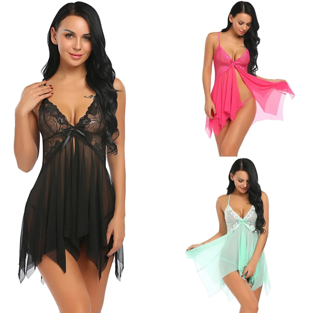 Женские эротические костюмы сексуальное Сетчатое женское белье Babydoll открытая передняя Цветочная кружевная Лоскутная ночная рубашка с стрингами экзотическое ночное белье Cos