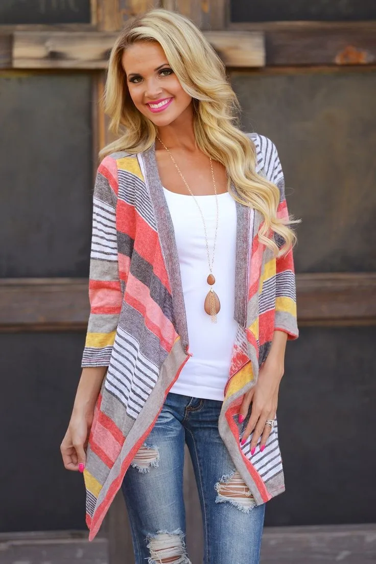 Женский Повседневный Кардиган в полоску с длинными рукавами без застежки |