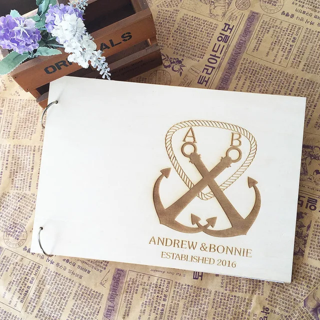 

Anchor Pattern Rustic Wood Wedding Favors Guest Book with Customized Wooden Photo Album Guestbook for Wedding Anniversary Gift
