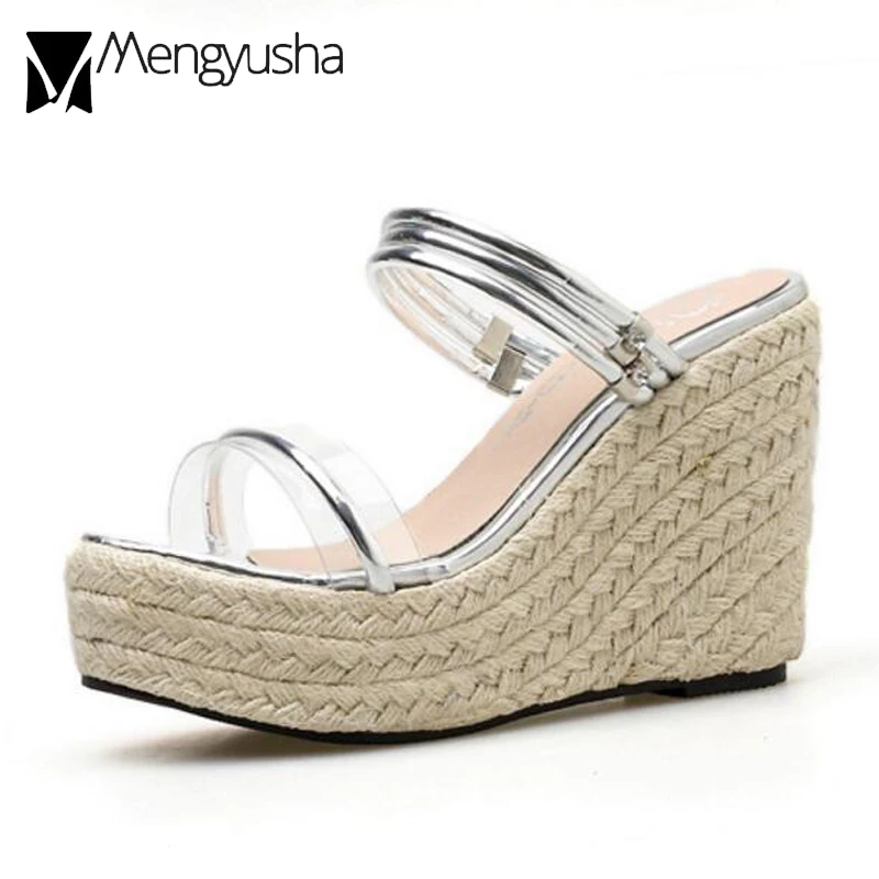 Narrow Band Transparent Platform Sandals Women Straw Hemp Wedges Beach Gold/Silver Clearance High Heel Ladies Flipflops | Обувь