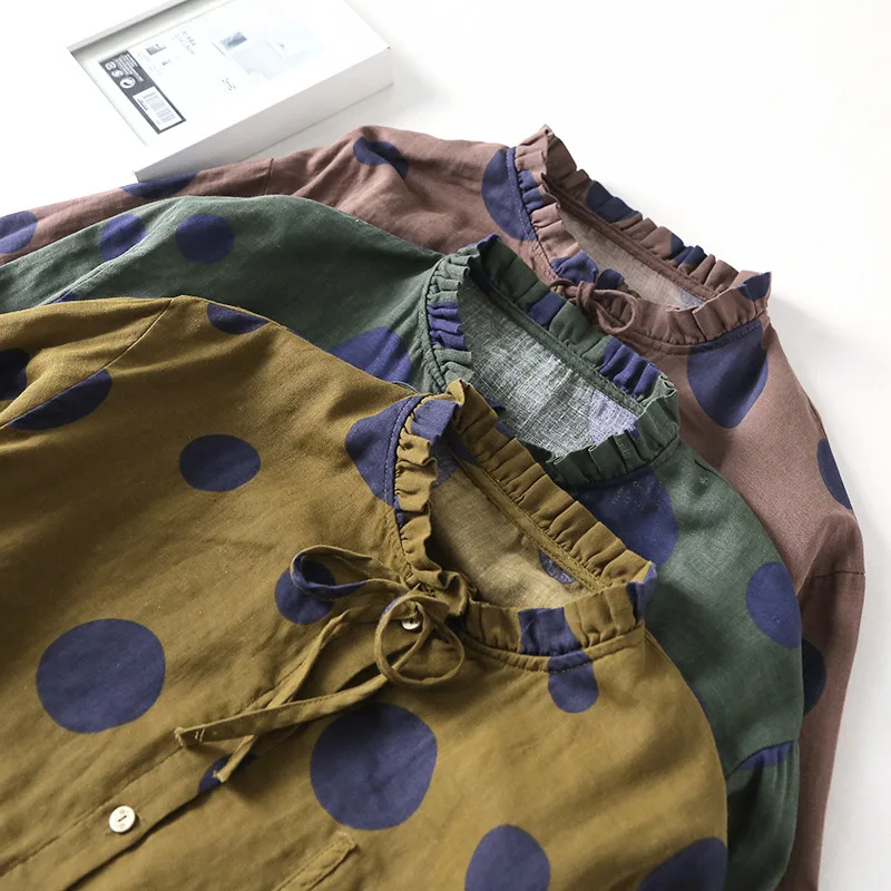Женская свободная рубашка в горошек, из хлопка и льна, большого размера, с оборками на воротнике, с длинными рукавами, 2018 от AliExpress WW