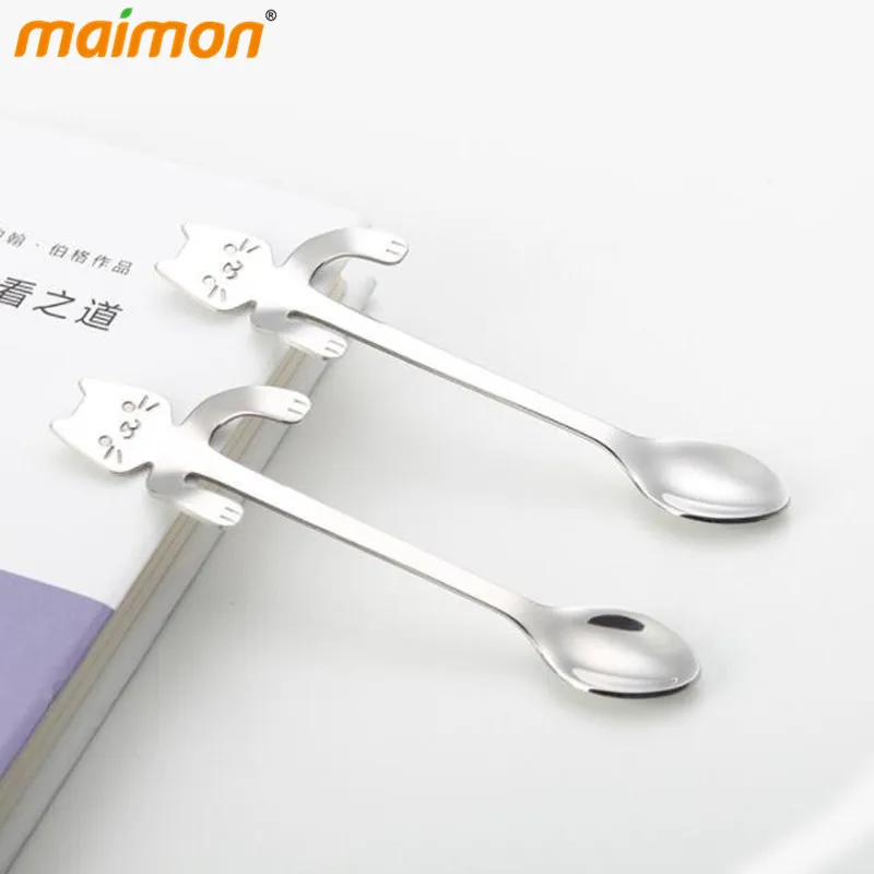 1pcs Stainless Steel Cat Spoon Hanging Long Handled Metal Coffee Mixing Stirring Teaspoon Dessert Snacks Scoop Tableware | Дом и сад