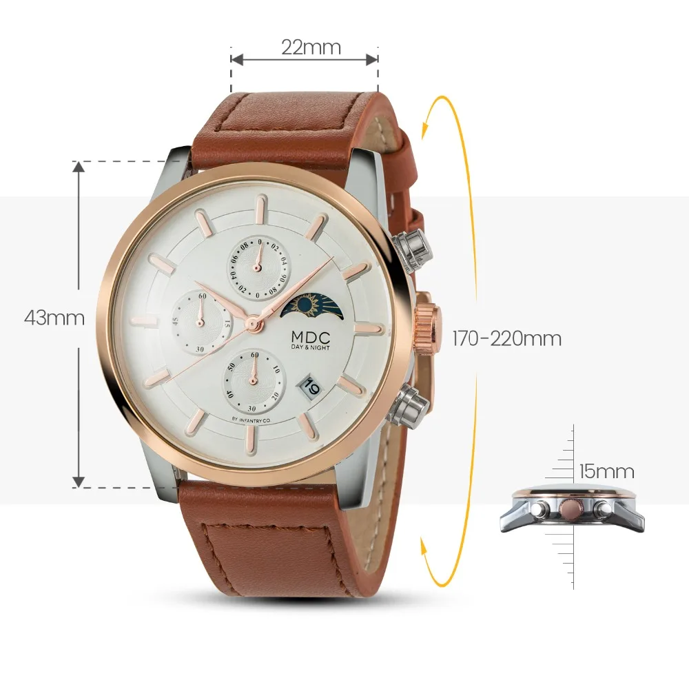 Часы хронограф мужские под розовое золото с кожаным ремешком|Кварцевые часы| |