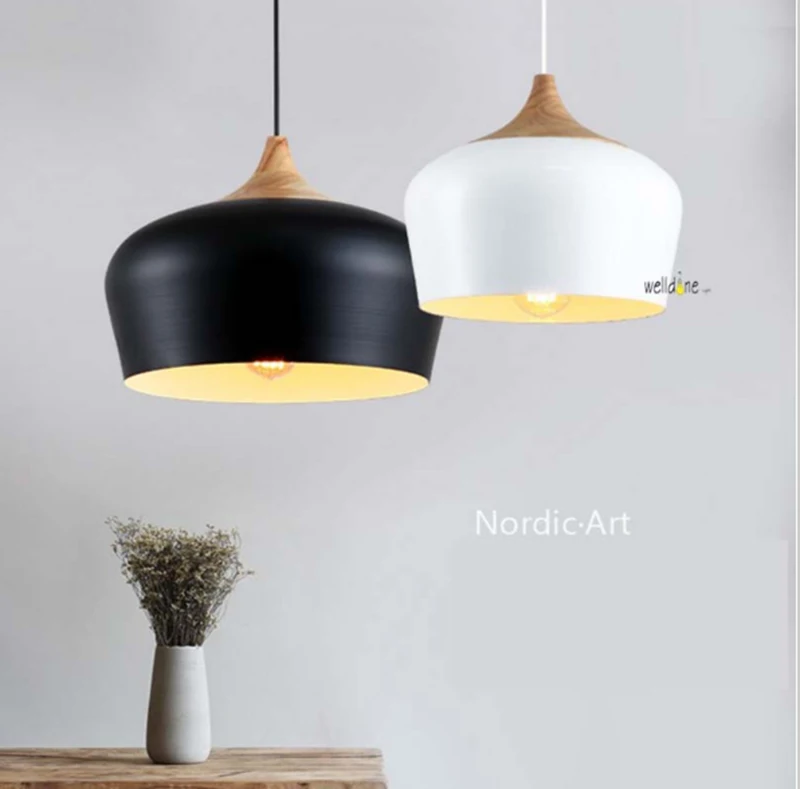 Nordic simiple decor coco modern pendent oak wood lamp E27 socket hanging white/black 300/350mm | Лампы и освещение