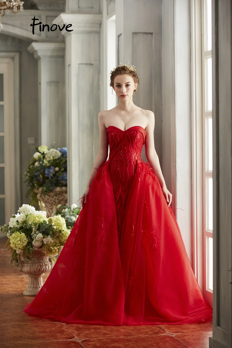 Finove New Elegant Red Prom Dress Sexy Strapless With Feathers Sequins Floor-Length Long A Line Formal Women's Dresses