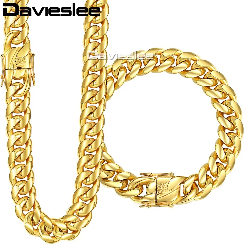 

Davieslee Womens Mens Jewelry Set Miami Curb Cuban Link 316L Stainless Steel Gold Silver Color 8/12/14mm LHSM01