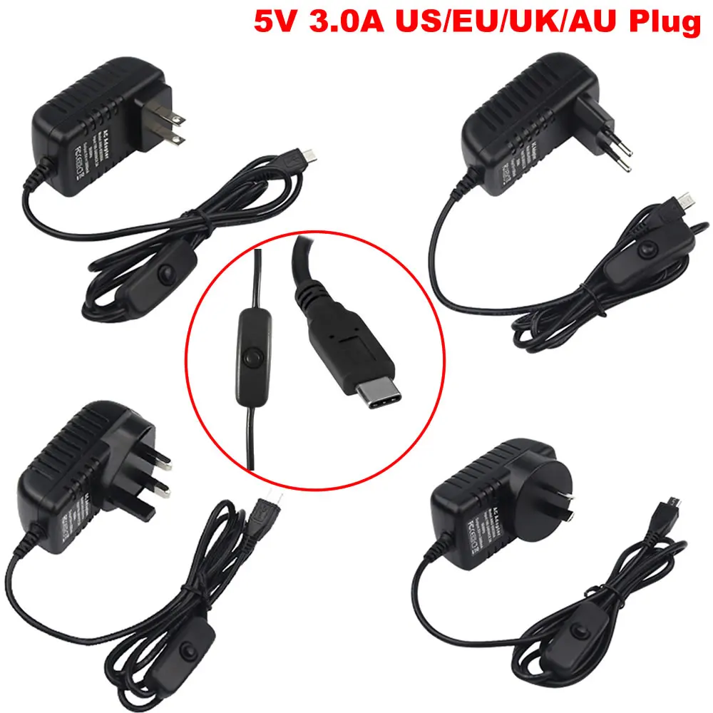 

Raspberry Pi 4 адаптер питания ВКЛ./ВЫКЛ. Переключатель USB-C 5V 3.0A US/EU/UK/AU Plug