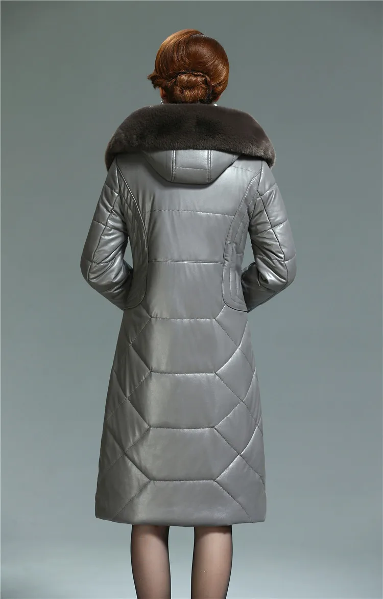 New Winter Women Leather Thicken Jacket 6XL Ladies Fur Collar Hooded Coats Cotton Padded Outwear Middle-aged Female Parkas