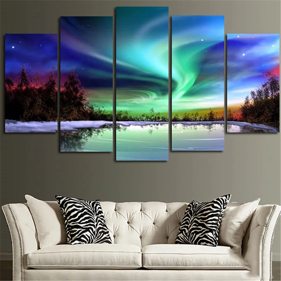

Modern Painting HD Printed Poster On Canvas 5 Panel The Northern Lights Modular Picture Wall Art Home Decor Frame Living Room