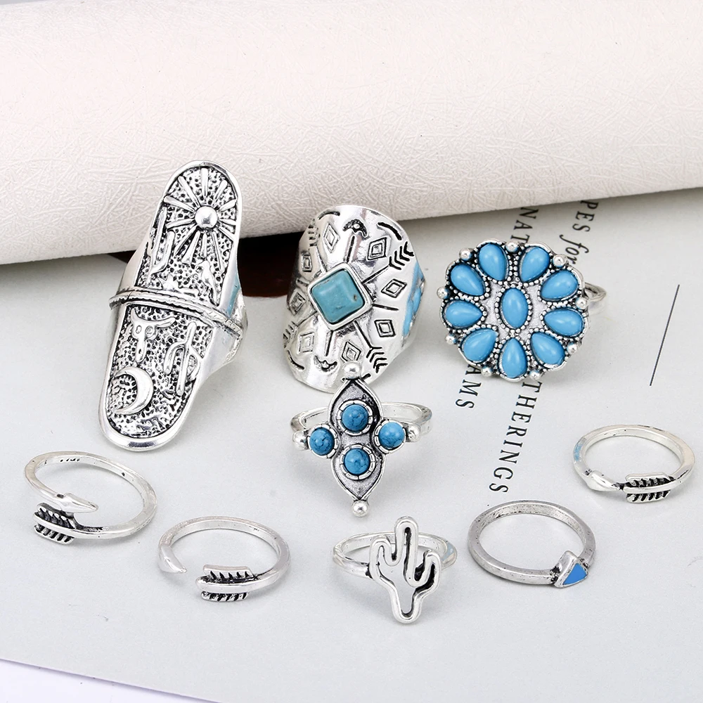 Lureme Vintage Silver Arrow Flower Green Stone Cactus Joint Knuckle Nail Midi Ring Set of 9 Rings for Women (rg001826) | Украшения и