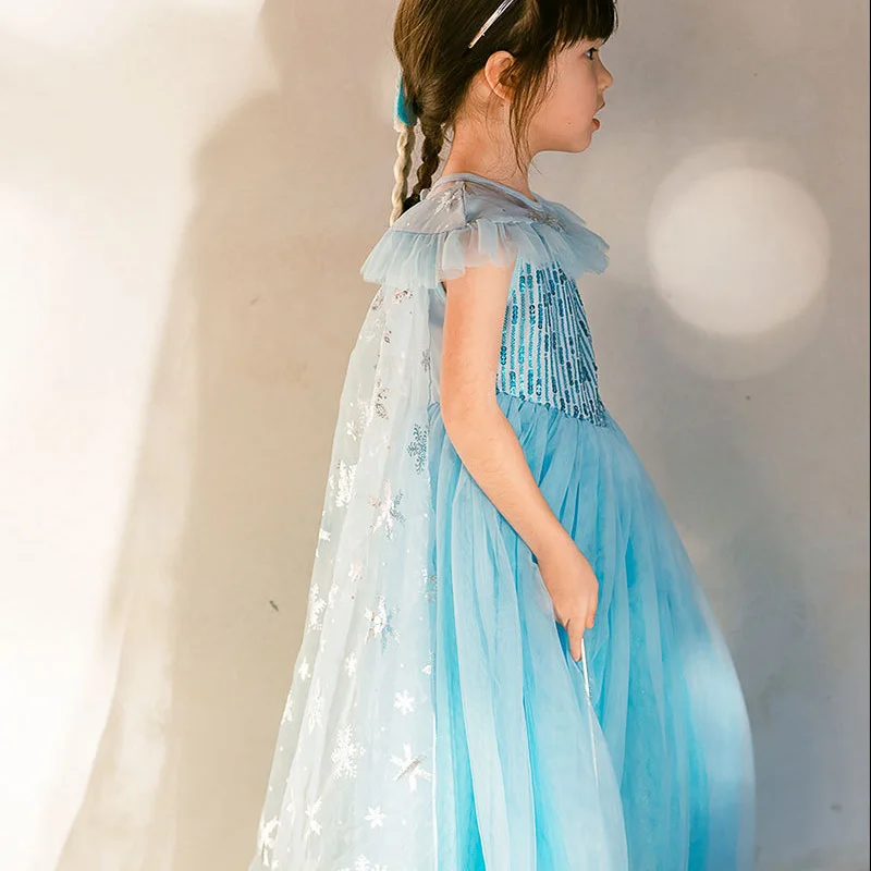 Light Blue Elsa Mesh Summer Girl Dress Cloak Performance Clothing Kid Dresses for Children's Day Fairy Princess Dressing | Детская