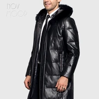 men winter warm black genuine leather top grade lambskin fox fur hooded duck down jacket coat deri ceket jaqueta de couro lt2442