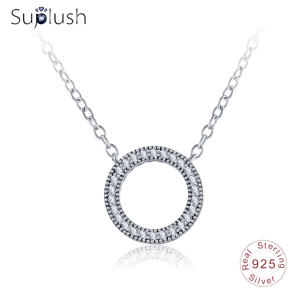 Suplush 100% 925 серебряный круглый кулон ожерелье сердца прозрачная Подвеска из