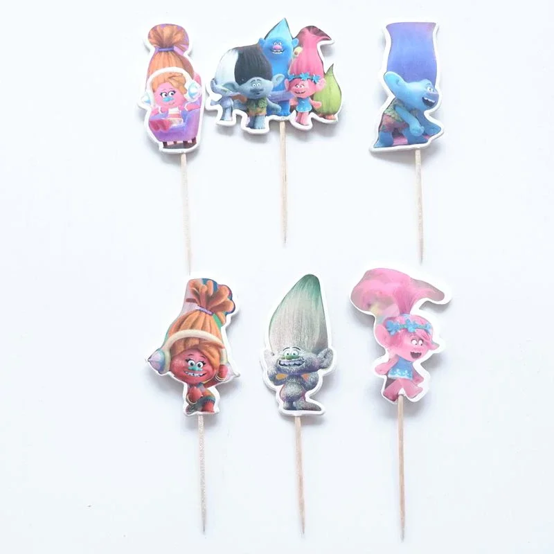 Cupcake topper 24pcs Тролли С Днем Рождения Детские вечерние украшения детский душ бумажная тарелка чашка флаг вечерние принадлежности Набор посуды для детского душа - Цвет: Cupcake topper 24pcs
