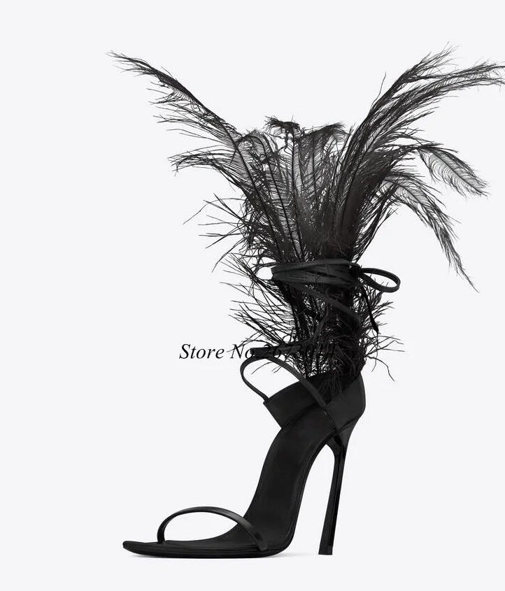 

2019 New Sandals Black Feather Sandals women Ostrich hair Decor Thin high heels dance Shoes ladies Fur sandals T Show Party Shoe