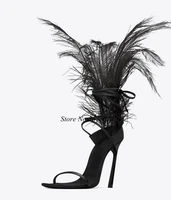 2019 new sandals black feather sandals women ostrich hair decor thin high heels dance shoes ladies fur sandals t show party shoe