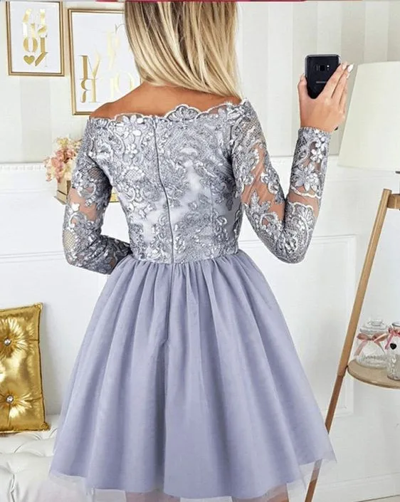 

Cute A Line Navy Blue Graduation Prom Dresses Party Dress Short Tulle Skirt Long Sleeves Lace Homecoming Dresses