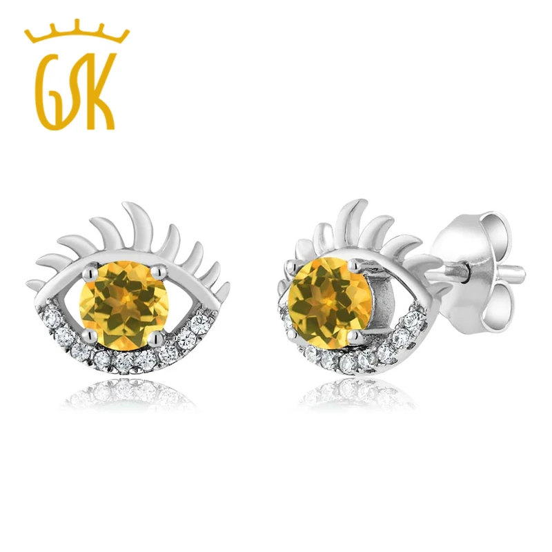 0.86 ct Круглый Желтый цитрин и циркония стерлингового серебра 925 глаз Серьги|earrings