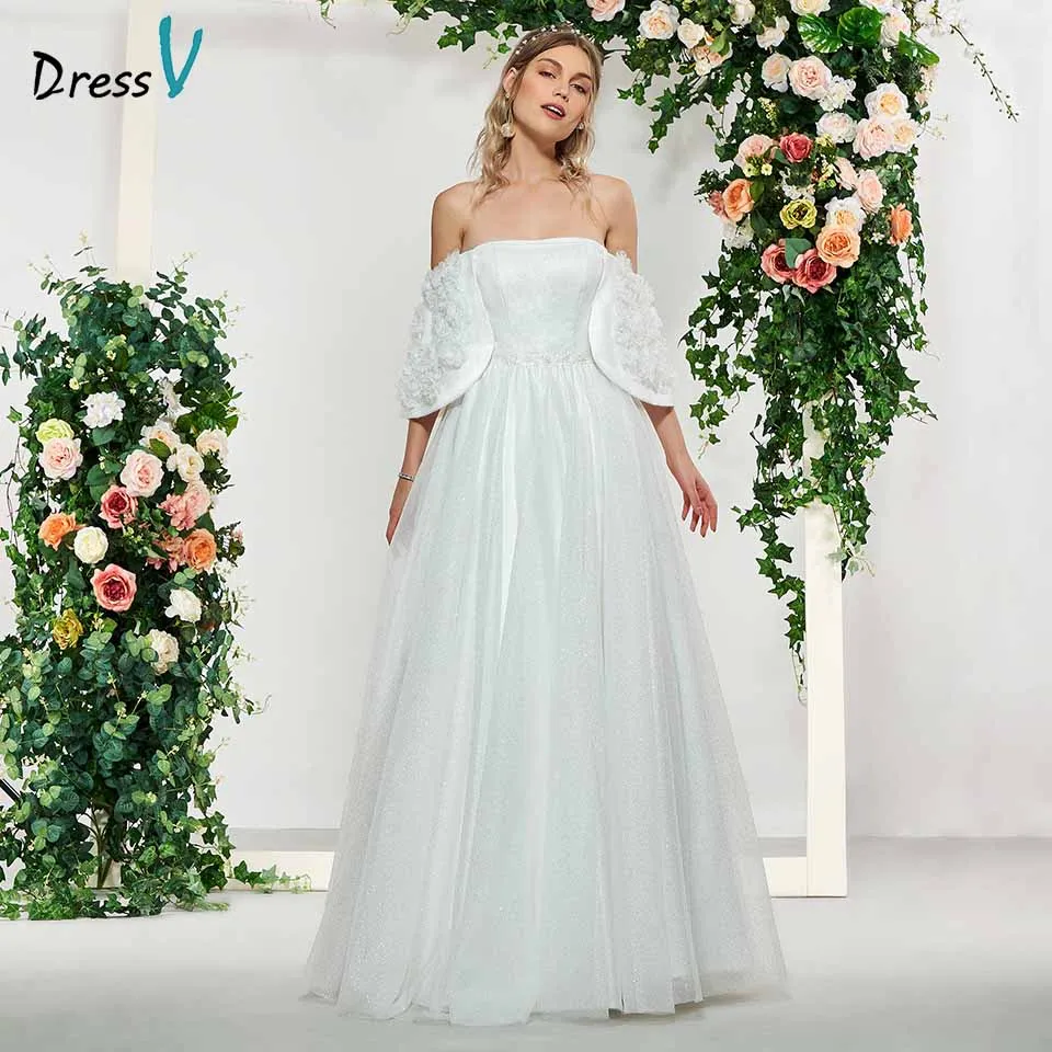 

Dressv elegant ivory off the shoulder sleeveless lace up wedding dress floor length simple bridal gowns a line wedding dresses