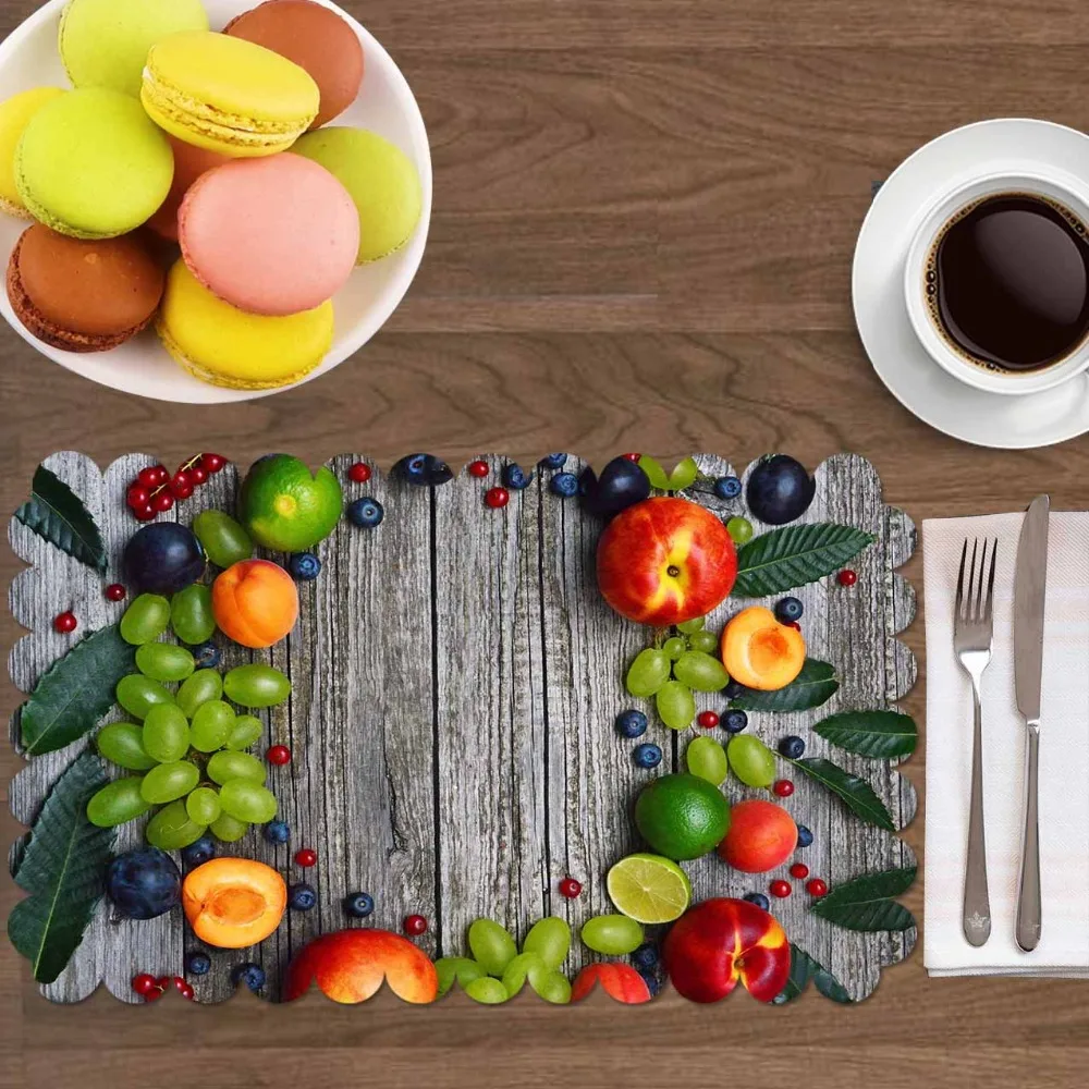 

Else Gray Floor Green Grapes Peach Vegetables 4 Pcs 3d Print Washable Micro Fabric Table Placemat Pad for Dining Room Kitchen