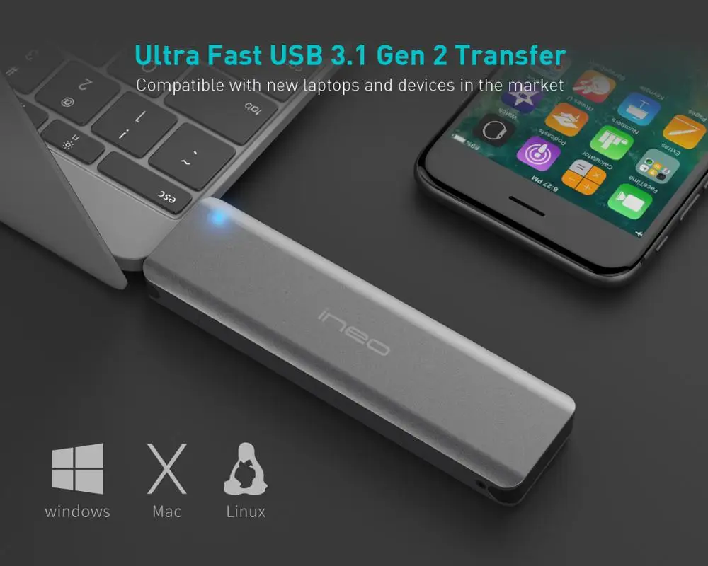 Ineo M.2 NGFF SSD выдвижной чехол Корпус для USB 3,1 Gen 2 to M.2 SATA AHCI NGFF SSD Caddy [C2588]