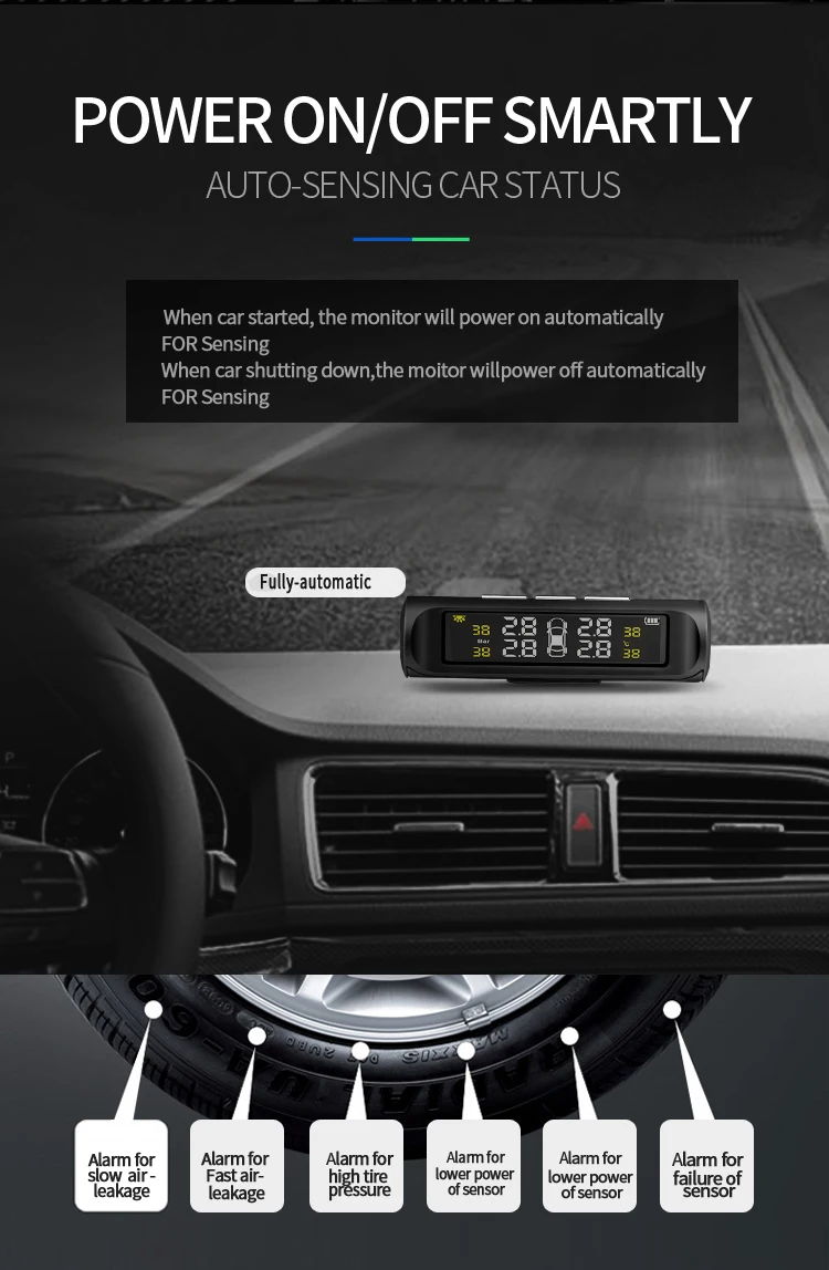 Solar Power USB TPMS Car Tire Pressure Monitoring System LCD Display 4 External Sensors for driving safe Temperature Warning |