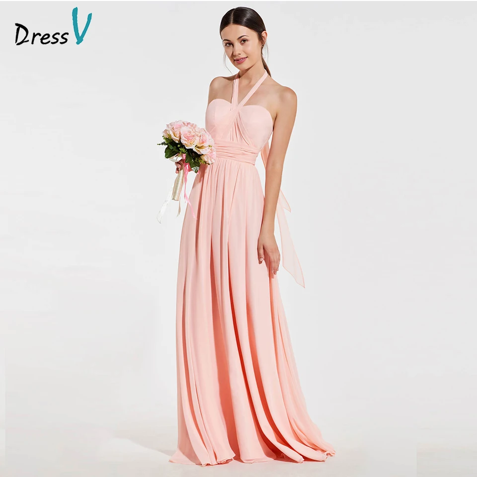 Элегантное жемчужно розовое платье Dressv с лямкой на шее подружки невесты открытой