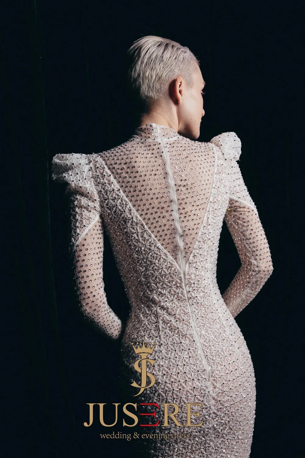 JUSERE FASHION SHOW High Collar Ivory Mermaid Wedding Dress Long Sleeve Beadeds Sweep Train Bridal Gowns Robe De Mariage | Свадьбы и