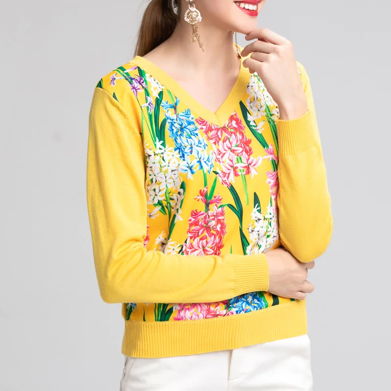 2019 Spring Runway Fashion Pullover Sweater Women V-neck Long Sleeve Yellow Flowe Print Wool knitted Top | Женская одежда